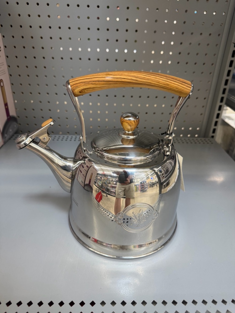 Polished Stainless Steel Whistling Kettle with Wood-Tone Handle pioneer women